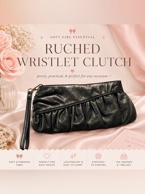 Black Faux Leather Ruched Wristlet Clutch Purse